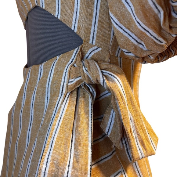 Zara Linen Blend Cutout Puff Sleeve Dress – Mustard Stripe, Size M - Picture 3 of 12